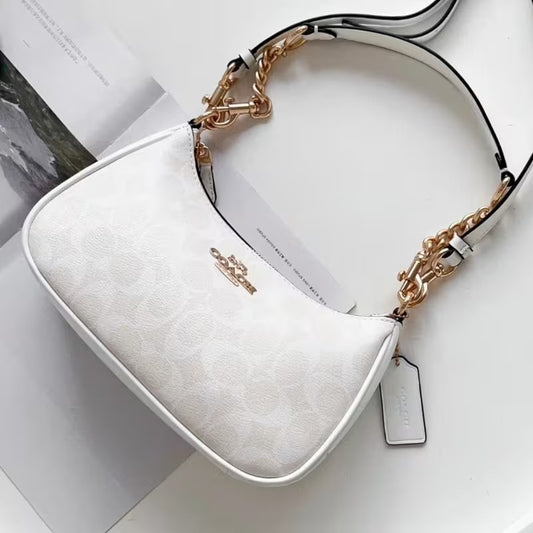 Coach Signature Canvas Chain Shoulder Bag for Women – White