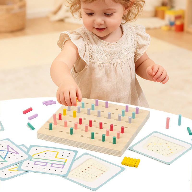 Montessori Wooden Peg Board Puzzle for Kids – Geometric Shapes & Rubber Band STEM Learning Toy