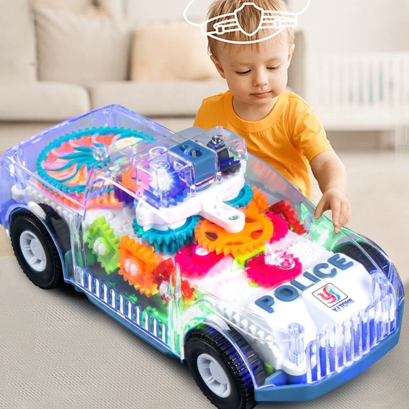 Kids Electric Police Car Toy – Transparent Gear Design, LED Lights, Music & Universal Movement Toy Vehicle
