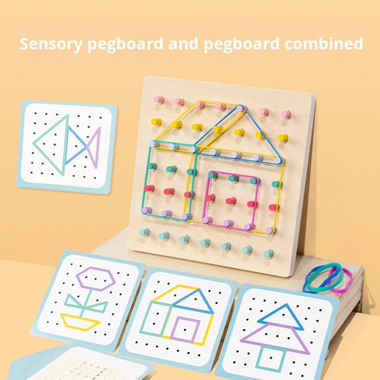 Montessori Wooden Peg Board Puzzle for Kids – Geometric Shapes & Rubber Band STEM Learning Toy