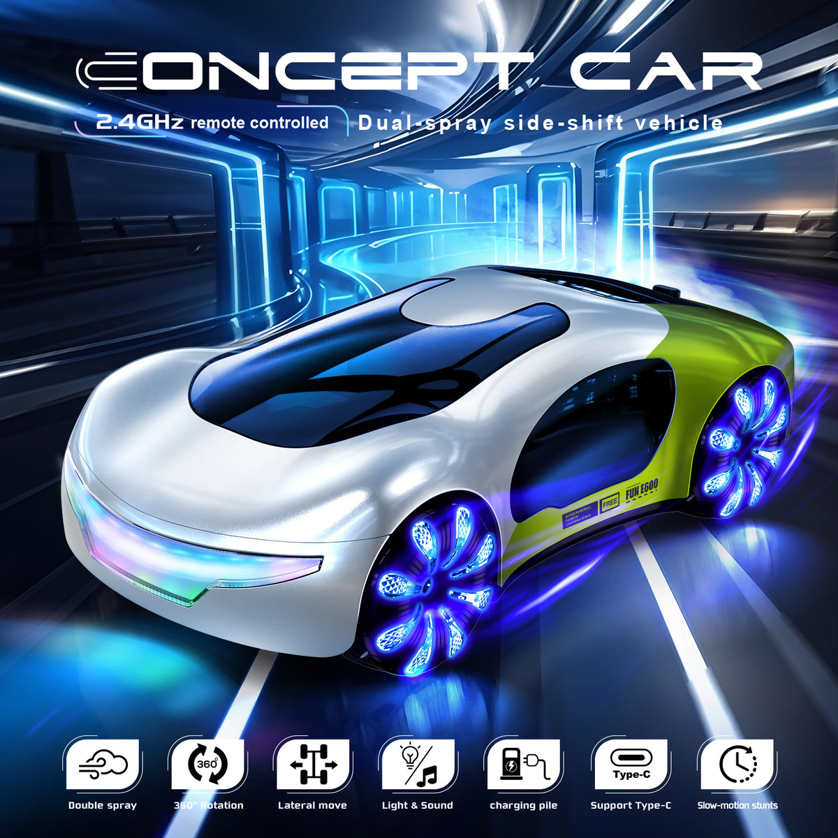 2.4GHz Gesture-Controlled RC Concept Car for Kids – Watch-Style Remote Control Stunt Vehicle with Dual Spray Effects, Music and Sci-Fi Design