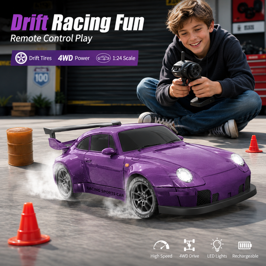 4WD RC Drift Racing Car for Kids – 2.4GHz Remote Control Sports Car with Controllable Front and Rear LED Lights, Rechargeable Electric Toy Vehicle