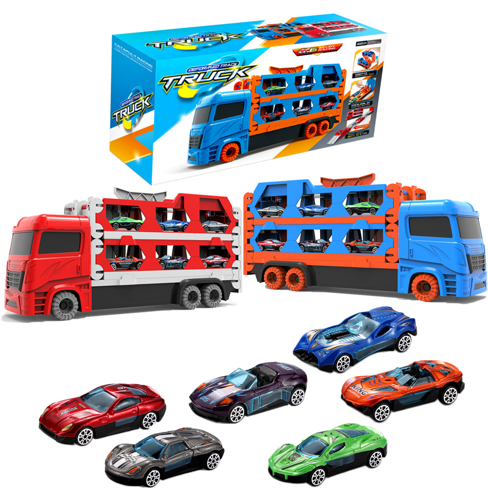 Multi-Car Launcher Transporter Truck Toy – Alloy Cars, Folding Deformation Design & Ejection Track Playset for Kids