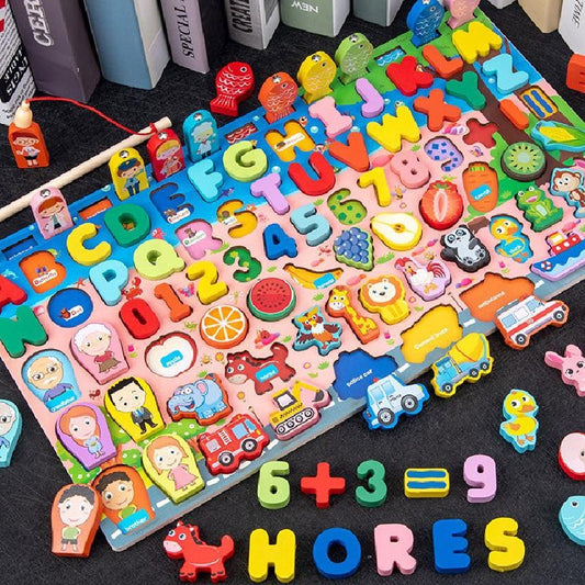 7-in-1 Montessori Wooden Educational Toy for Kids – Math, Number Matching, Shape Sorting & Magnetic Fishing Game