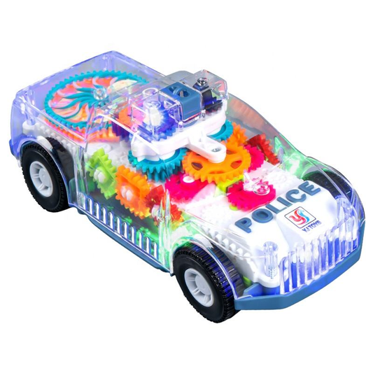 Kids Electric Police Car Toy – Transparent Gear Design, LED Lights, Music & Universal Movement Toy Vehicle