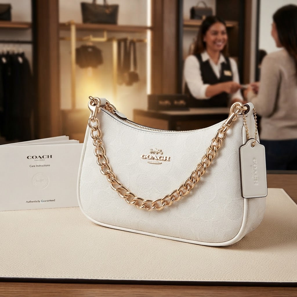 Coach Signature Canvas Chain Shoulder Bag for Women – White