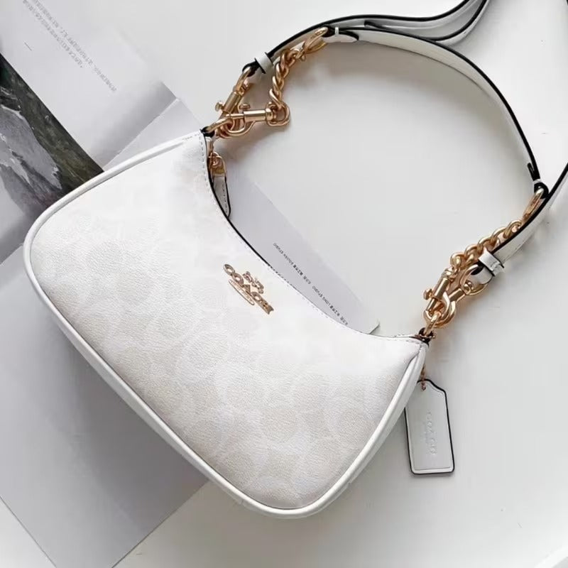 Coach Signature Canvas Chain Shoulder Bag for Women – White
