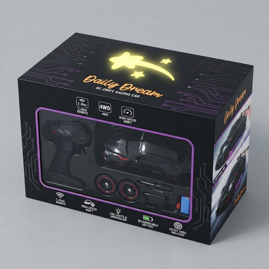 DWI DOWELLIN 1:18 Scale RC Drift Car – 2.4GHz 4WD Remote Control Sports Racing Car with Spray Effect, LED Lights and Replaceable Tires, Gift for Kids