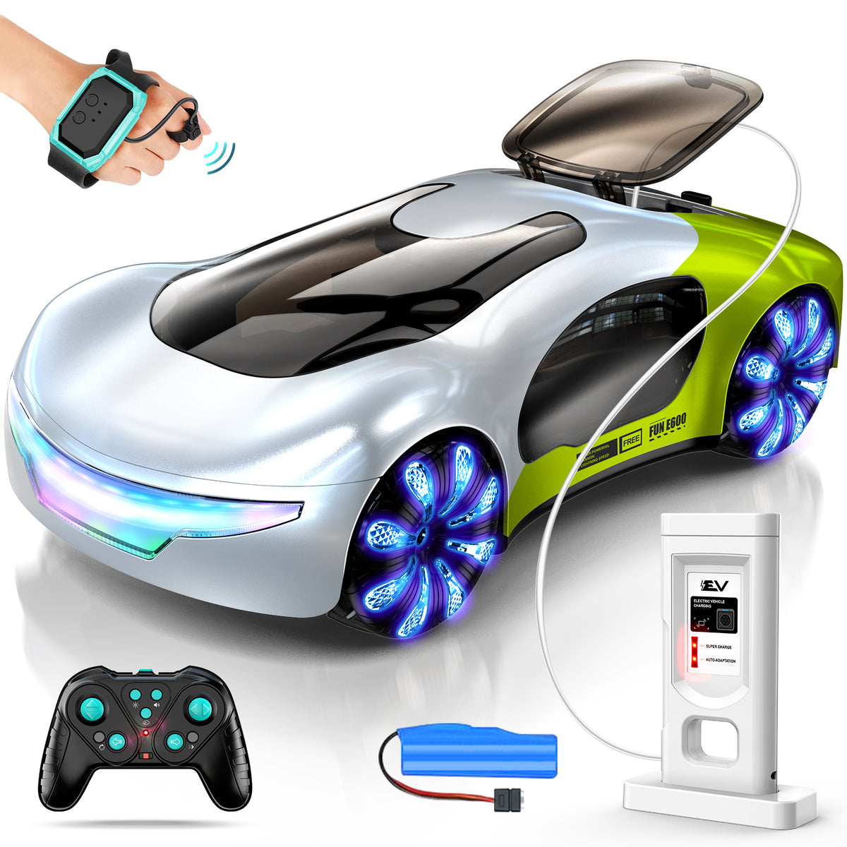 2.4GHz Gesture-Controlled RC Concept Car for Kids – Watch-Style Remote Control Stunt Vehicle with Dual Spray Effects, Music and Sci-Fi Design