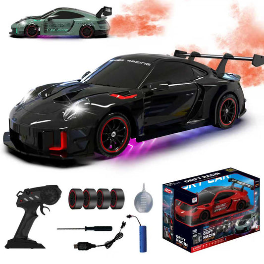 DWI DOWELLIN 1:18 Scale RC Drift Car – 2.4GHz 4WD Remote Control Sports Racing Car with Spray Effect, LED Lights and Replaceable Tires, Gift for Kids