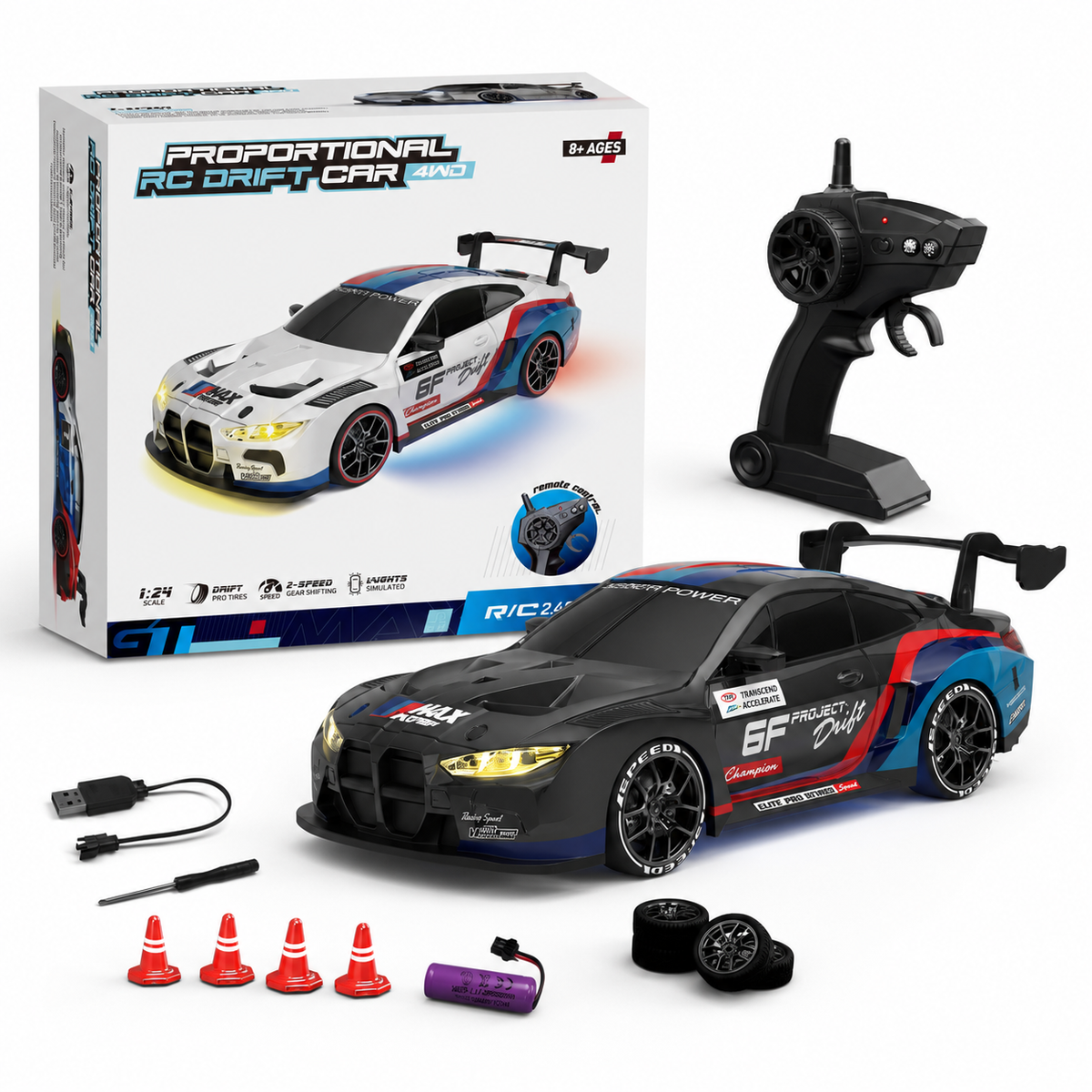 1:20 Scale RC Drift Car for Kids – 2.4GHz Remote Control 4WD Racing Car with LED Lights, Rechargeable Electric Sports Toy for Indoor and Outdoor Fun