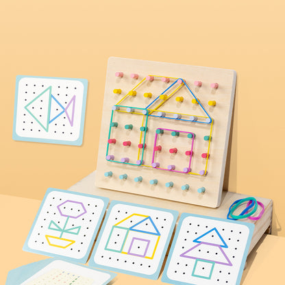 Montessori Wooden Peg Board Puzzle for Kids – Geometric Shapes & Rubber Band STEM Learning Toy
