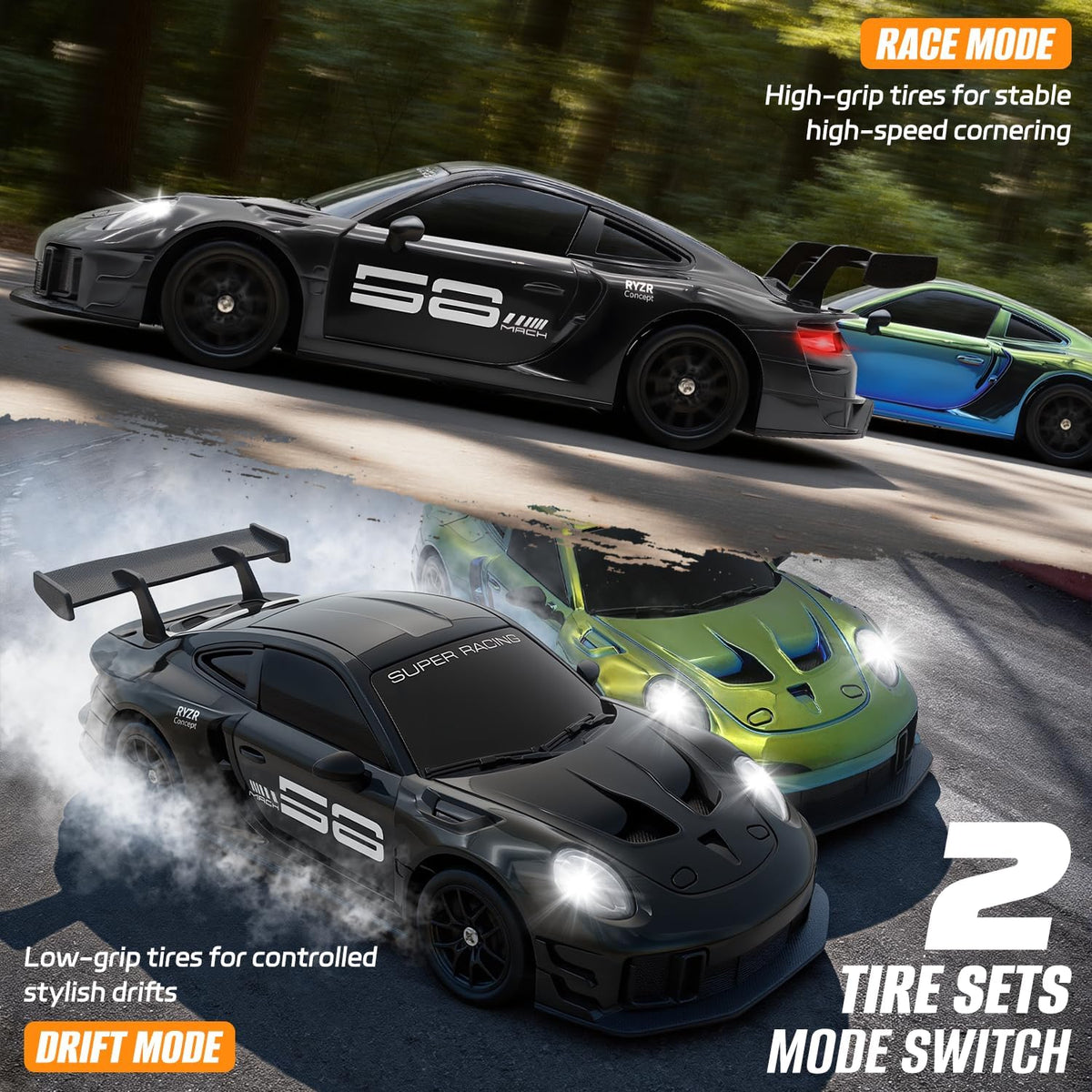 DWI DOWELLIN 1:24 Scale RC Drift Car – 2.4GHz 4WD Remote Control Racing Car, 15km/h Speed, Racing Tires, Drift Tires and LED Lights for Kids