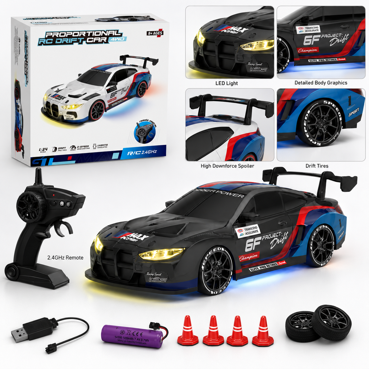 1:20 Scale RC Drift Car for Kids – 2.4GHz Remote Control 4WD Racing Car with LED Lights, Rechargeable Electric Sports Toy for Indoor and Outdoor Fun