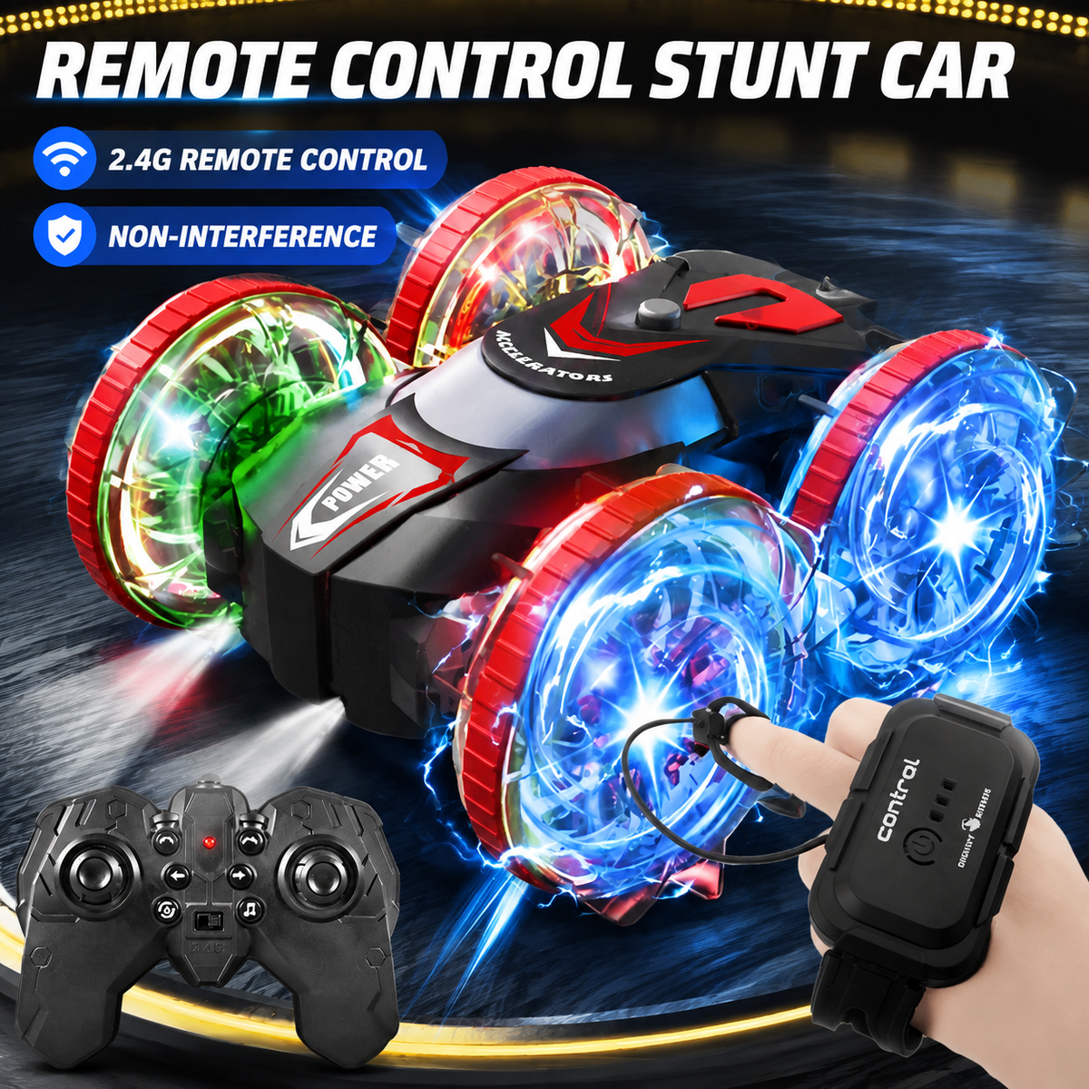 360° Dual-Sided Stunt RC Car for Kids – Mini Amphibious Drifting Vehicle with Watch-Style Dual Control, 360° Flips and Outdoor Racing Toy