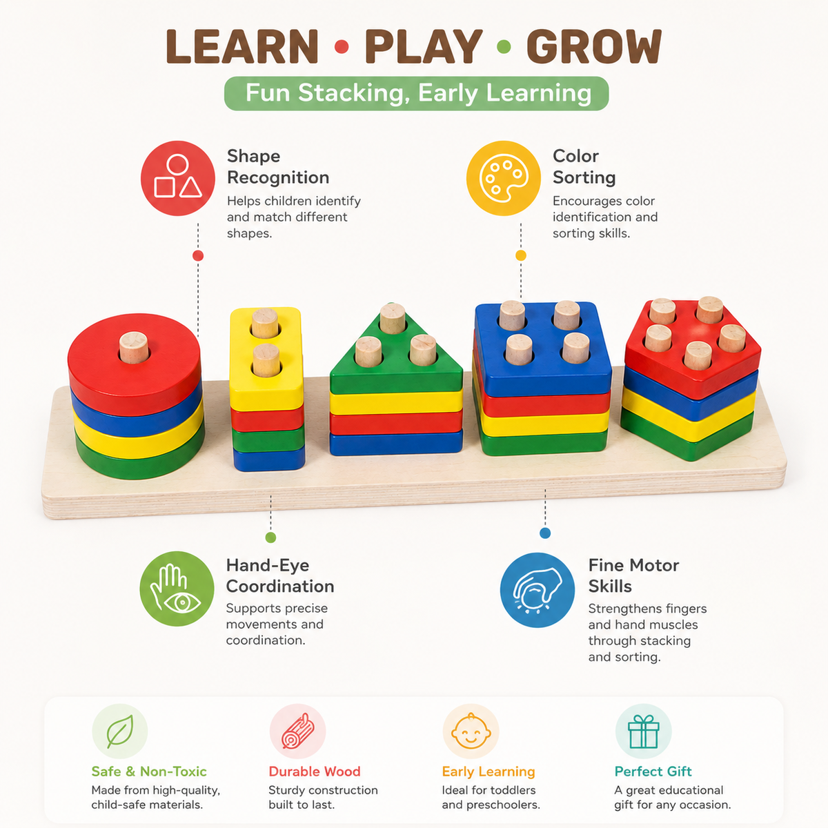 Wooden Montessori Geometric Stacking Cylinders Toy for Kids – Educational Shape Sorting & Learning Toy