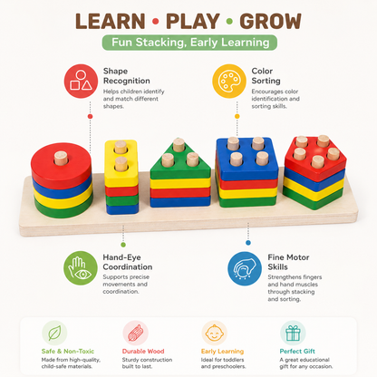 Wooden Montessori Geometric Stacking Cylinders Toy for Kids – Educational Shape Sorting & Learning Toy