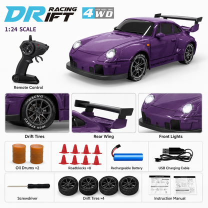 4WD RC Drift Racing Car for Kids – 2.4GHz Remote Control Sports Car with Controllable Front and Rear LED Lights, Rechargeable Electric Toy Vehicle