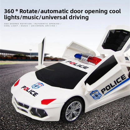 Electric Police RC Toy Car for Kids – 360° Rotation, Automatic Door Opening, Universal Wheels, LED Lights and Music, Deformation Stunt Vehicle
