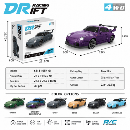 4WD RC Drift Racing Car for Kids – 2.4GHz Remote Control Sports Car with Controllable Front and Rear LED Lights, Rechargeable Electric Toy Vehicle
