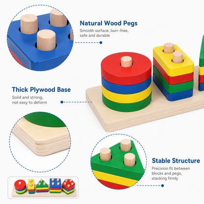 Wooden Montessori Geometric Stacking Cylinders Toy for Kids – Educational Shape Sorting & Learning Toy