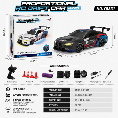 1:20 Scale RC Drift Car for Kids – 2.4GHz Remote Control 4WD Racing Car with LED Lights, Rechargeable Electric Sports Toy for Indoor and Outdoor Fun