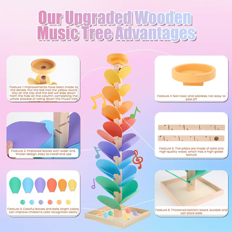 Montessori Wooden Music Tree Toy – Rainbow Ball Run Track & Musical Early Learning Toy for Kids