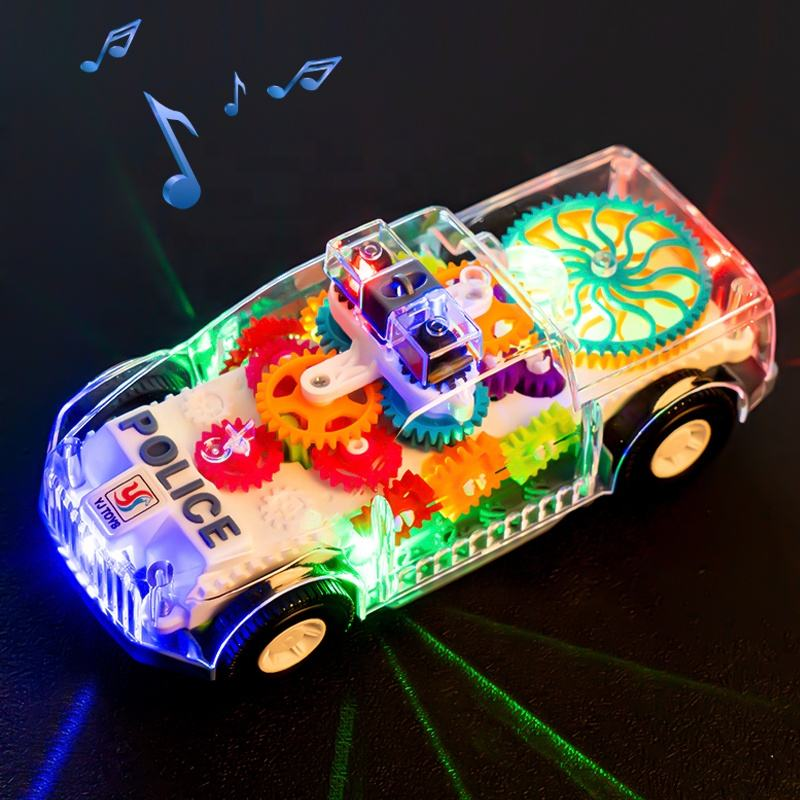 Kids Electric Police Car Toy – Transparent Gear Design, LED Lights, Music & Universal Movement Toy Vehicle