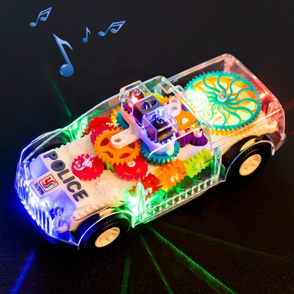 Kids Electric Police Car Toy – Transparent Gear Design, LED Lights, Music & Universal Movement Toy Vehicle
