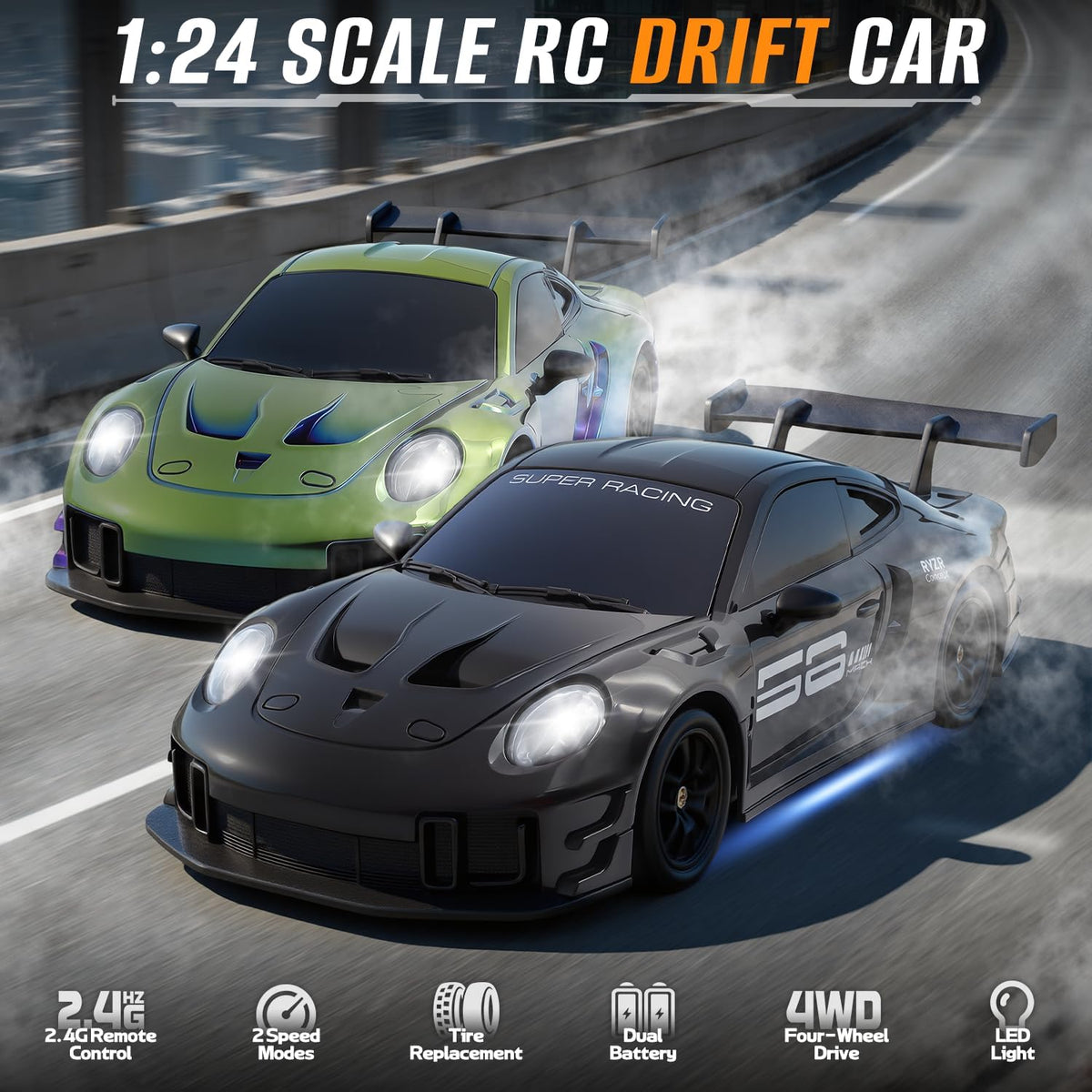 DWI DOWELLIN 1:24 Scale RC Drift Car – 2.4GHz 4WD Remote Control Racing Car, 15km/h Speed, Racing Tires, Drift Tires and LED Lights for Kids
