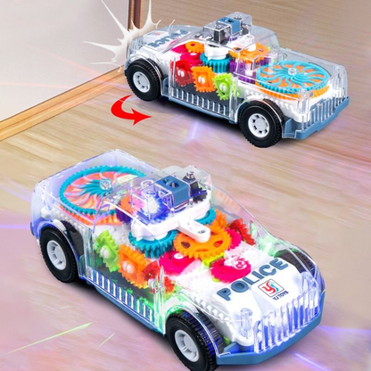 Kids Electric Police Car Toy – Transparent Gear Design, LED Lights, Music & Universal Movement Toy Vehicle