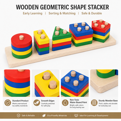 Wooden Montessori Geometric Stacking Cylinders Toy for Kids – Educational Shape Sorting & Learning Toy