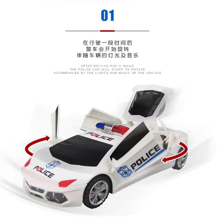 Electric Police RC Toy Car for Kids – 360° Rotation, Automatic Door Opening, Universal Wheels, LED Lights and Music, Deformation Stunt Vehicle