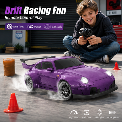 4WD RC Drift Racing Car for Kids – 2.4GHz Remote Control Sports Car with Controllable Front and Rear LED Lights, Rechargeable Electric Toy Vehicle