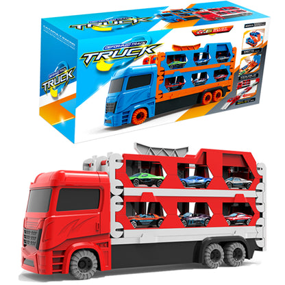 Multi-Car Launcher Transporter Truck Toy – Alloy Cars, Folding Deformation Design & Ejection Track Playset for Kids