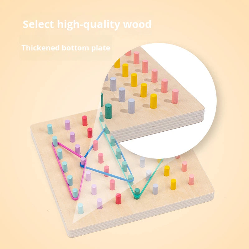 Montessori Wooden Peg Board Puzzle for Kids – Geometric Shapes & Rubber Band STEM Learning Toy