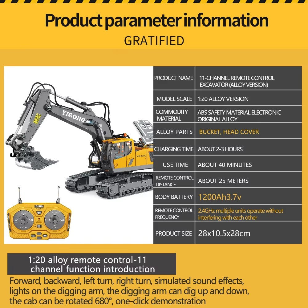 1:20 Scale RC Excavator Toy for Kids – 2.4GHz 11-Channel Remote Control Construction Truck with Lights and Music, Engineering Vehicle Educational Gift