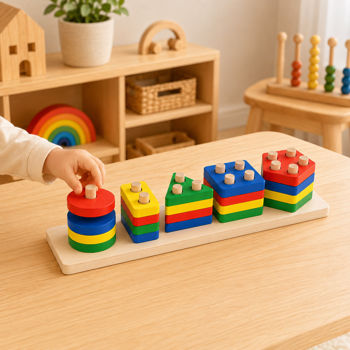 Wooden Montessori Geometric Stacking Cylinders Toy for Kids – Educational Shape Sorting & Learning Toy