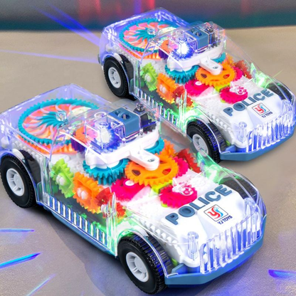 Kids Electric Police Car Toy – Transparent Gear Design, LED Lights, Music & Universal Movement Toy Vehicle