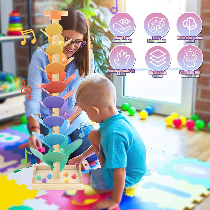 Montessori Wooden Music Tree Toy – Rainbow Ball Run Track & Musical Early Learning Toy for Kids