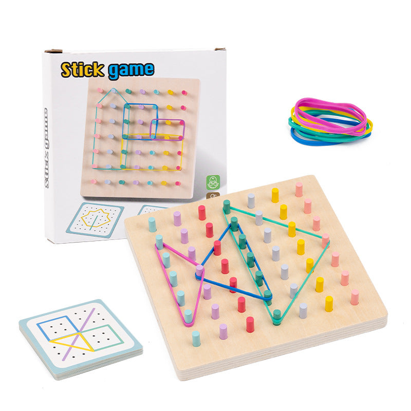 Montessori Wooden Peg Board Puzzle for Kids – Geometric Shapes & Rubber Band STEM Learning Toy