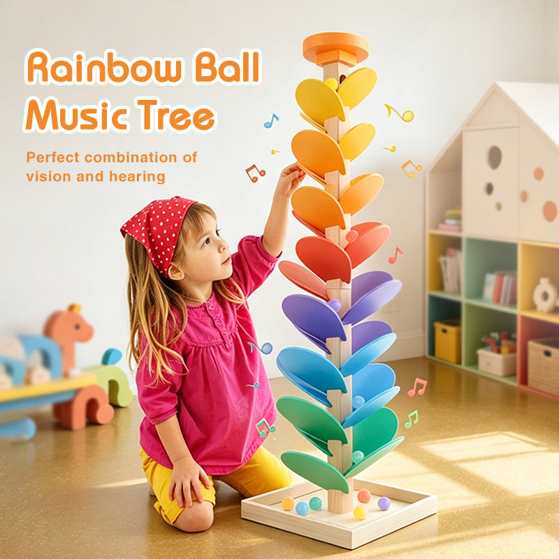 Montessori Wooden Music Tree Toy – Rainbow Ball Run Track & Musical Early Learning Toy for Kids