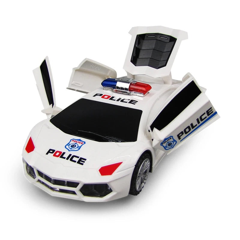 Electric Police RC Toy Car for Kids – 360° Rotation, Automatic Door Opening, Universal Wheels, LED Lights and Music, Deformation Stunt Vehicle